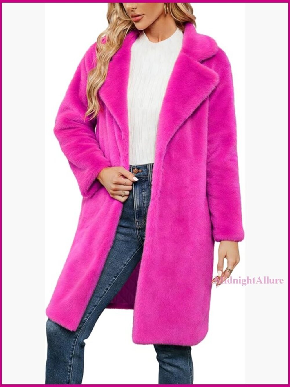 Long Faux Fur Coat with Lapel Collar Pockets Winter Jacket